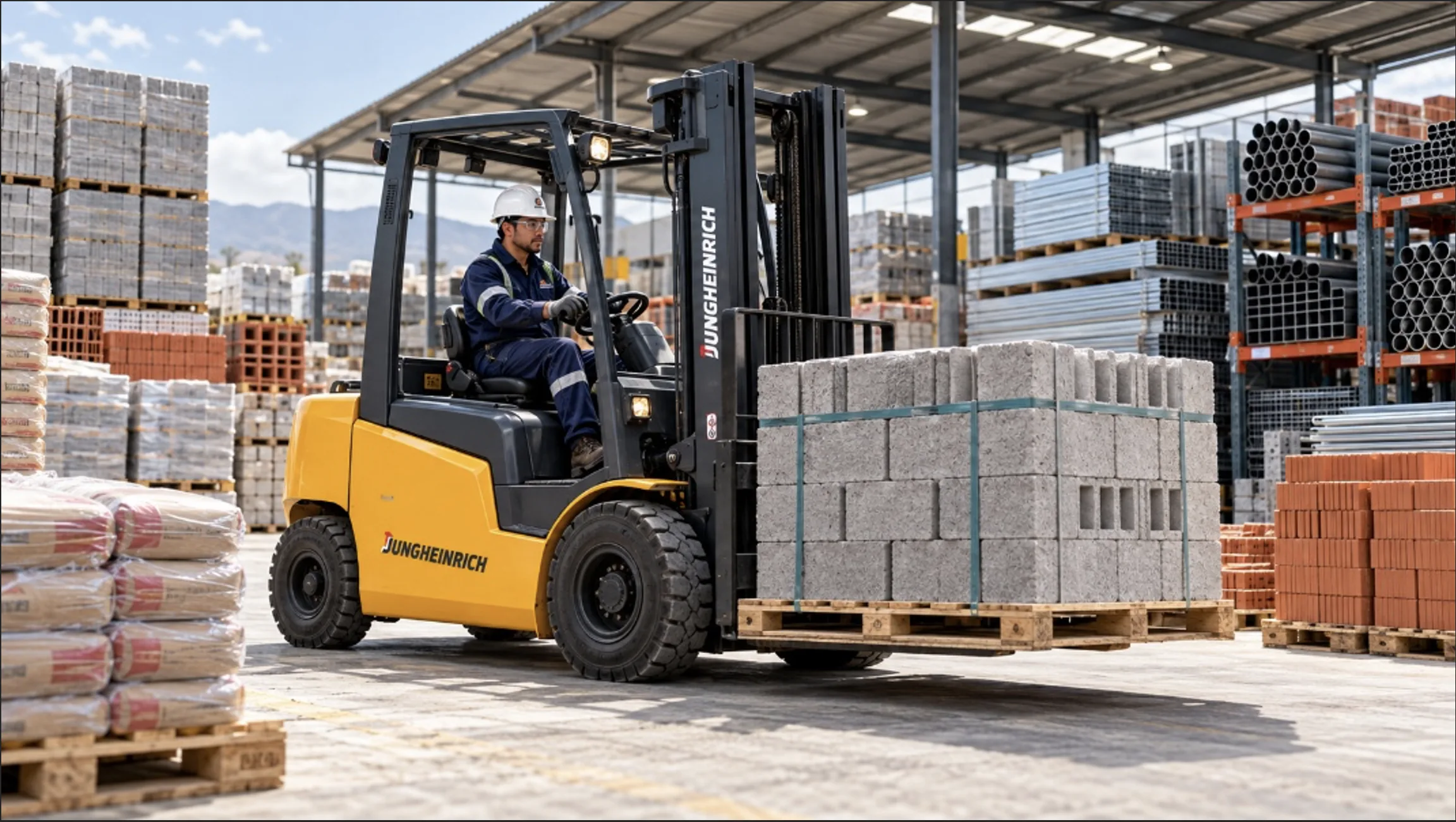 Montacargas trasladando materiales en una operación de construcción