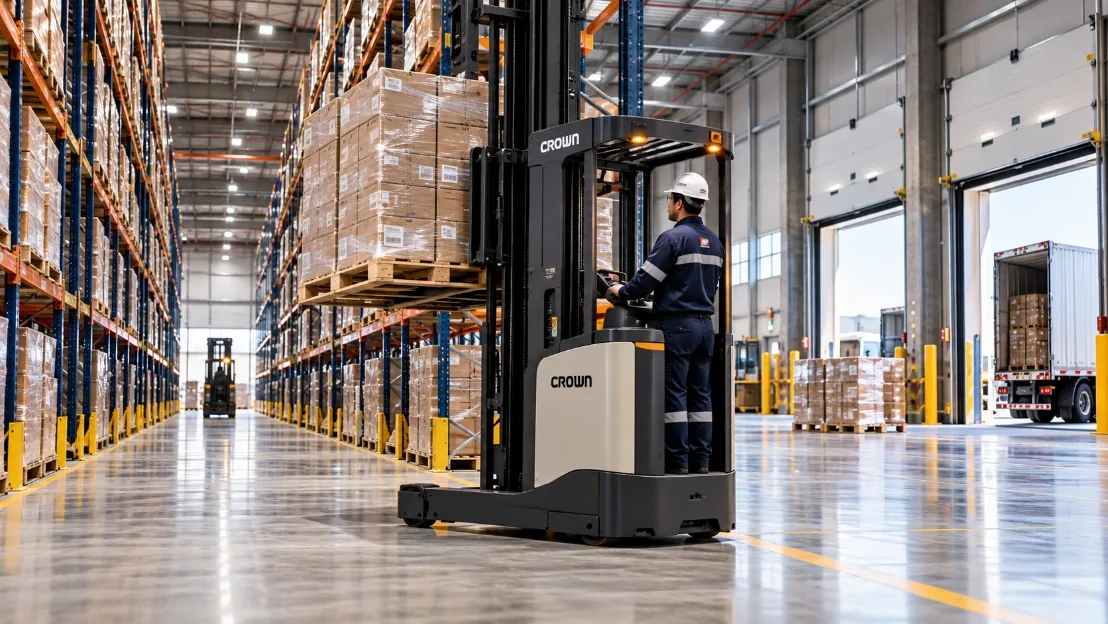 Montacargas trabajando entre estanterías para almacenamiento logístico