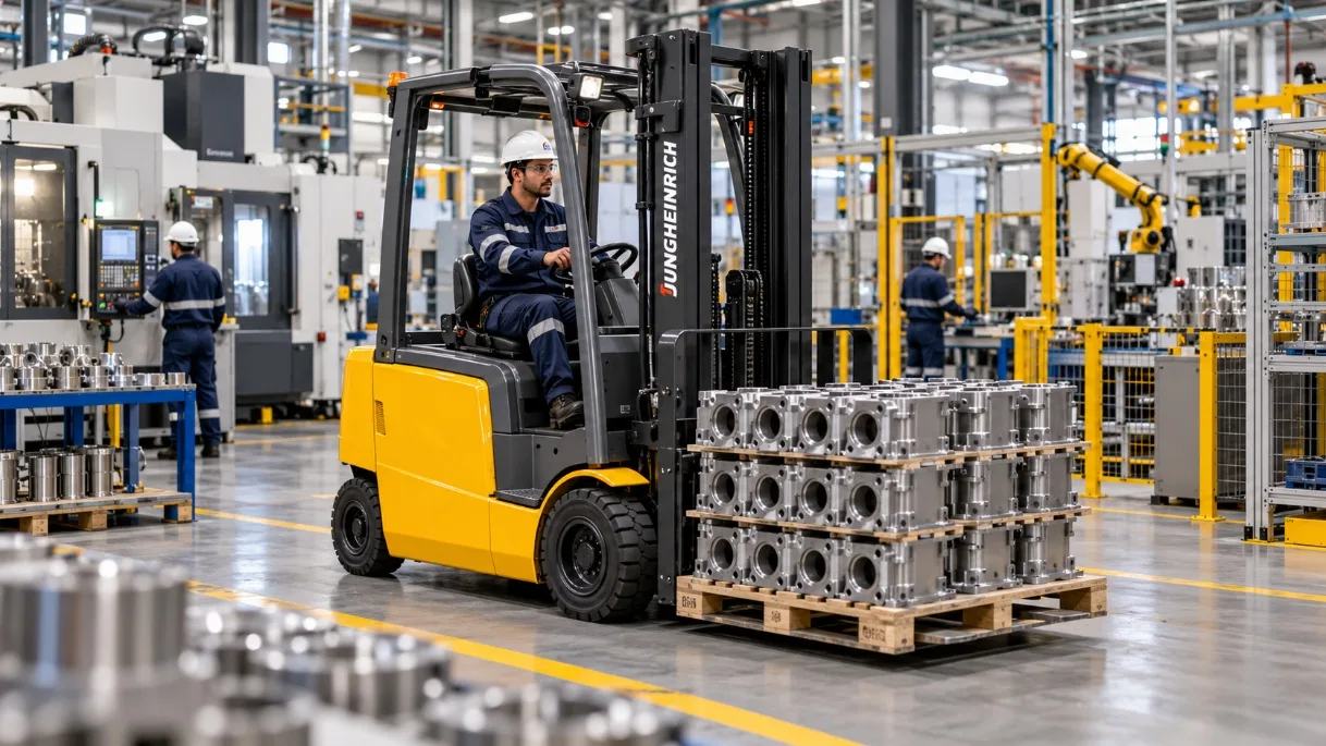 Montacargas transportando materiales en una planta de manufactura